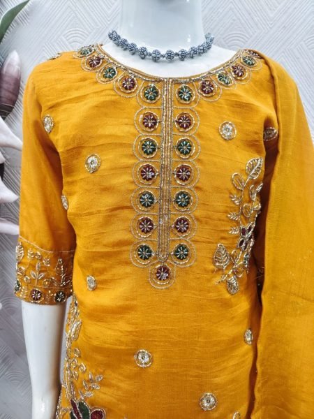 Exceptional Mustard Yellow Party Wear Kids Vichitra Suit with Heavy Embroidery and Dupatta Girls Wear