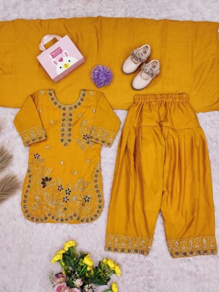Exceptional Mustard Yellow Party Wear Kids Vichitra Suit with Heavy Embroidery and Dupatta Girls Wear