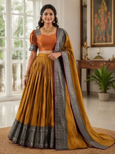 Exceptional Mustard Yellow Women's Premium Silk Woven Lehenga with Designer Blouse  Lehenga