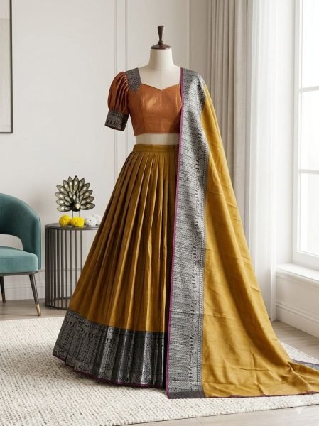 Exceptional Mustard Yellow Women's Premium Silk Woven Lehenga with Designer Blouse Half Saree Lehenga