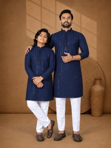 Exceptional Navy Blue Stylish Men's Ethnic Rayon Kurta Pajama for Festivals & Family Functions Father Son Collection 
