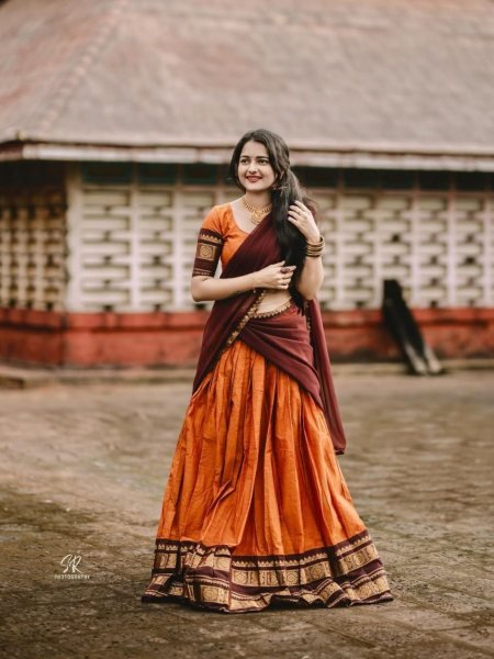 Exceptional Orange Brown Traditional Kanchi Cotton Lehenga for Weddings and Cultural Celebrations  Lehenga