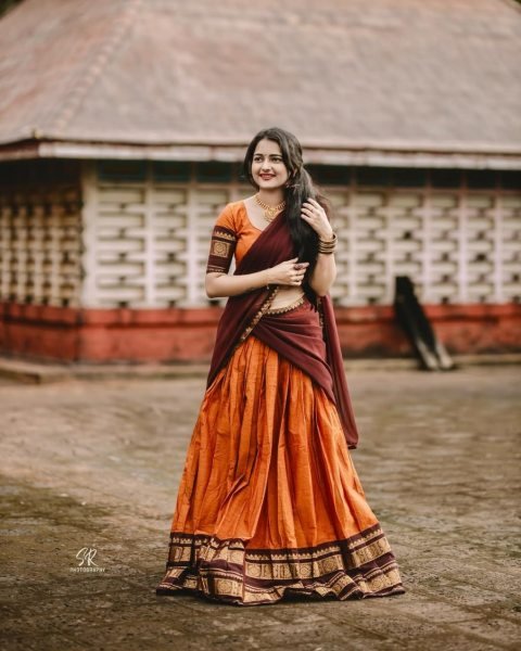 Exceptional Orange Brown Traditional Kanchi Cotton Lehenga for Weddings and Cultural Celebrations Half Saree Lehenga