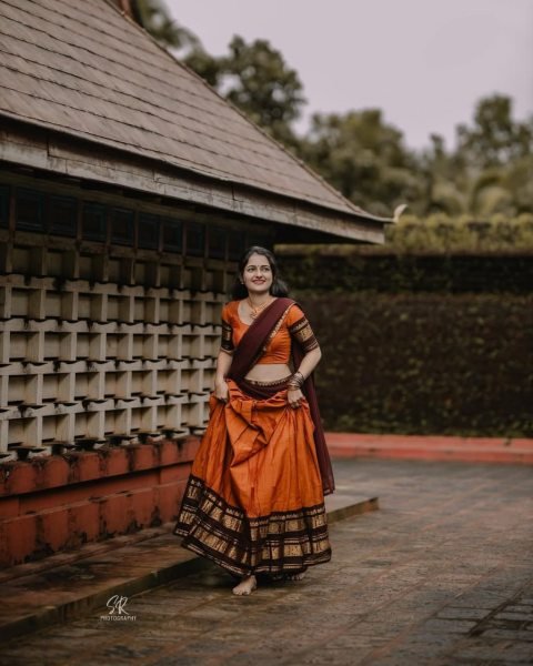 Exceptional Orange Brown Traditional Kanchi Cotton Lehenga for Weddings and Cultural Celebrations Half Saree Lehenga