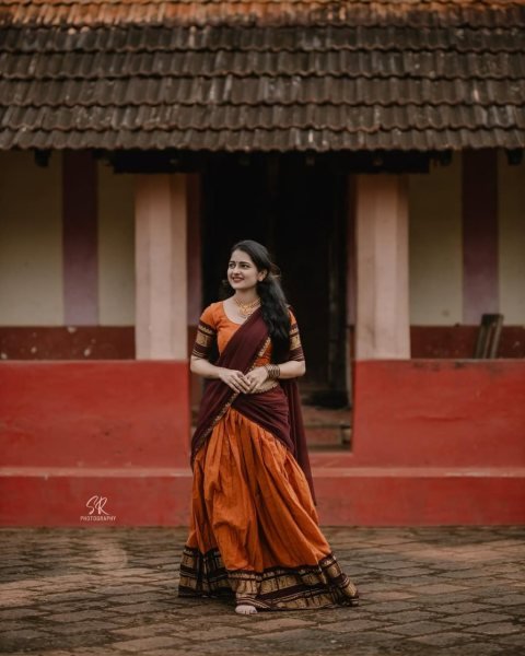Exceptional Orange Brown Traditional Kanchi Cotton Lehenga for Weddings and Cultural Celebrations Half Saree Lehenga
