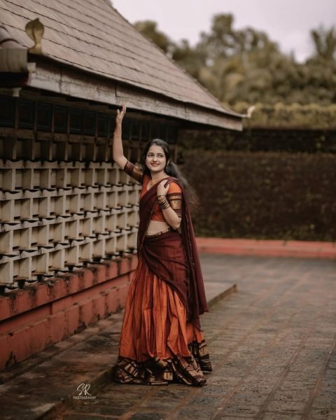 Exceptional Orange Brown Traditional Kanchi Cotton Lehenga for Weddings and Cultural Celebrations Half Saree Lehenga