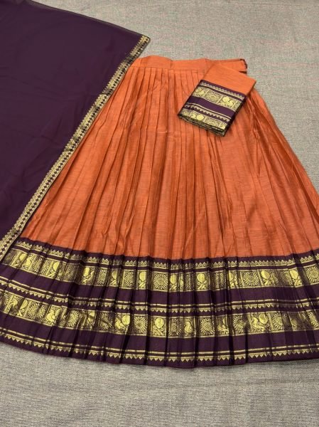 Exceptional Orange Brown Traditional Kanchi Cotton Lehenga for Weddings and Cultural Celebrations Half Saree Lehenga