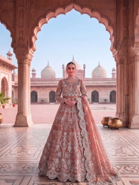 Exceptional Peach Bridal Anarkali Gown with Diamond Embroidery Work Salwar Kameez