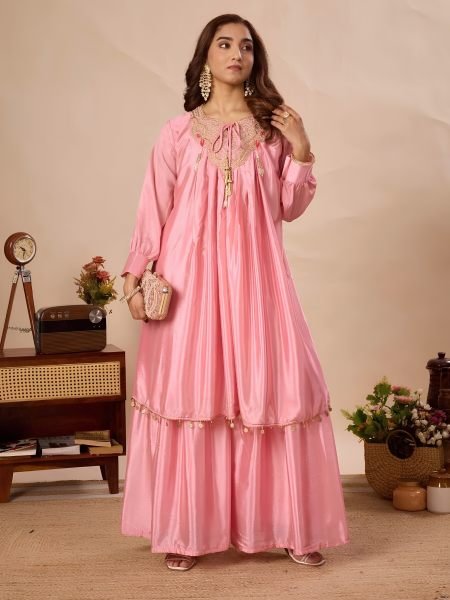 Exceptional Peach Pure Chinon Kurti Sharara Set with Sequin Embroidery Work 