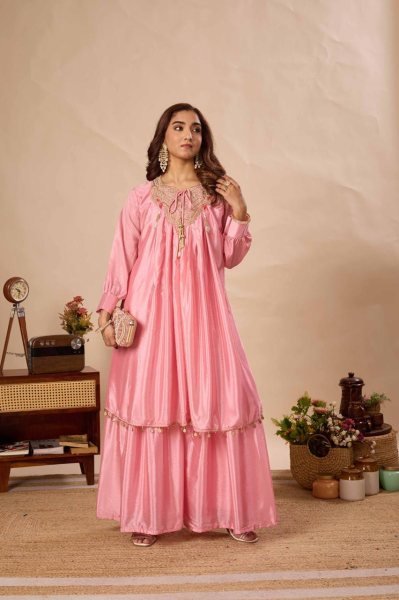 Exceptional Peach Pure Chinon Kurti Sharara Set with Sequin Embroidery Work Ready To Wear Collection