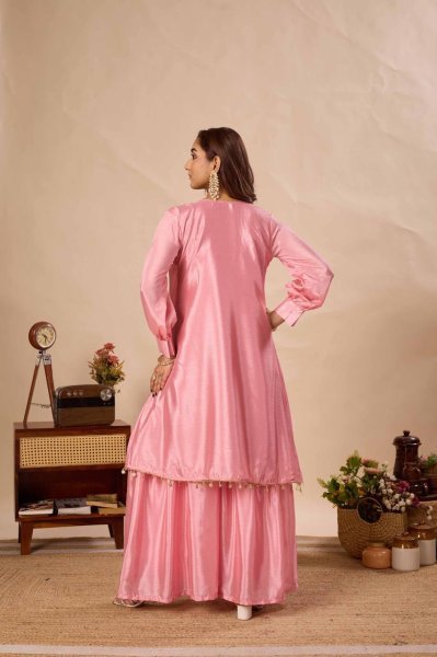 Exceptional Peach Pure Chinon Kurti Sharara Set with Sequin Embroidery Work Ready To Wear Collection