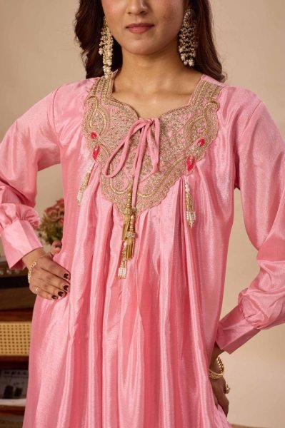 Exceptional Peach Pure Chinon Kurti Sharara Set with Sequin Embroidery Work Ready To Wear Collection