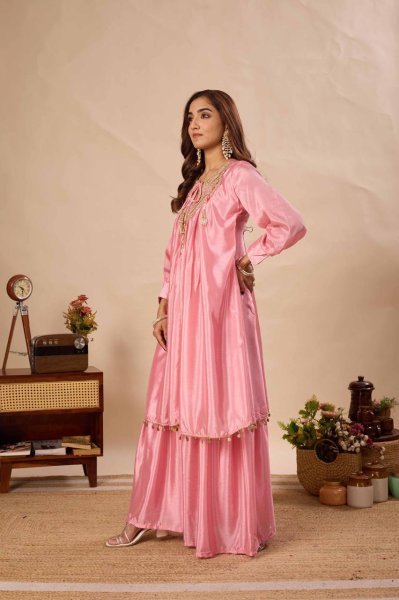 Exceptional Peach Pure Chinon Kurti Sharara Set with Sequin Embroidery Work Ready To Wear Collection