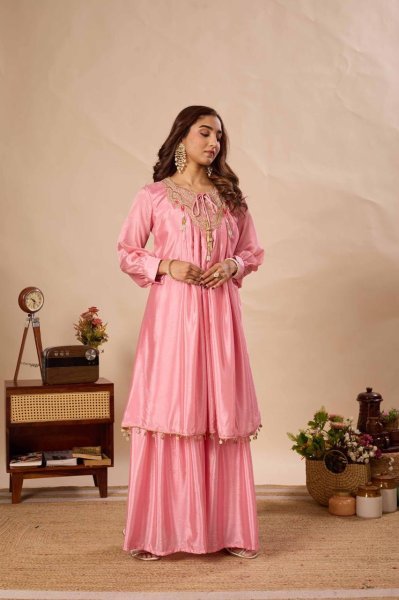 Exceptional Peach Pure Chinon Kurti Sharara Set with Sequin Embroidery Work Ready To Wear Collection