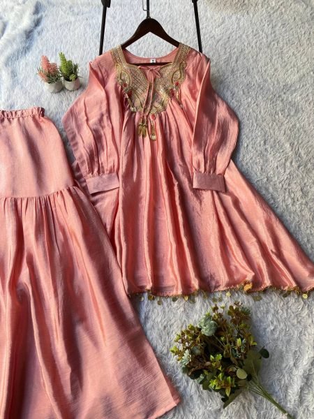 Exceptional Peach Pure Chinon Kurti Sharara Set with Sequin Embroidery Work Ready To Wear Collection