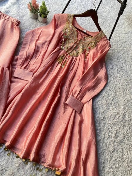Exceptional Peach Pure Chinon Kurti Sharara Set with Sequin Embroidery Work Ready To Wear Collection