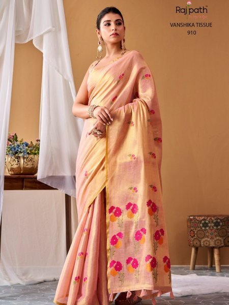 Exceptional Peach Rajpath Vanshika Tissue Silk Saree With Shimmering Zari Border Silk Sarees Wholesale