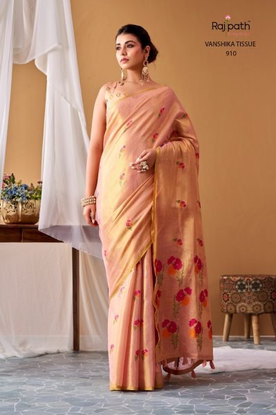Exceptional Peach Rajpath Vanshika Tissue Silk Saree With Shimmering Zari Border Silk Sarees Wholesale