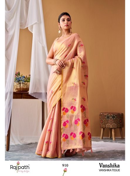 Exceptional Peach Rajpath Vanshika Tissue Silk Saree With Shimmering Zari Border Silk Sarees Wholesale