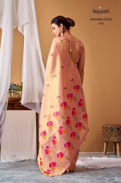 Exceptional Peach Rajpath Vanshika Tissue Silk Saree With Shimmering Zari Border Silk Sarees Wholesale