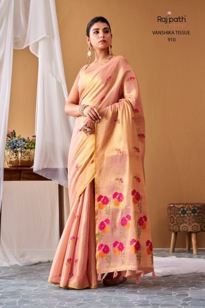 Exceptional Peach Rajpath Vanshika Tissue Silk Saree With Shimmering Zari Border Silk Sarees Wholesale