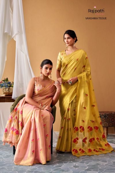 Exceptional Peach Rajpath Vanshika Tissue Silk Saree With Shimmering Zari Border Silk Sarees Wholesale