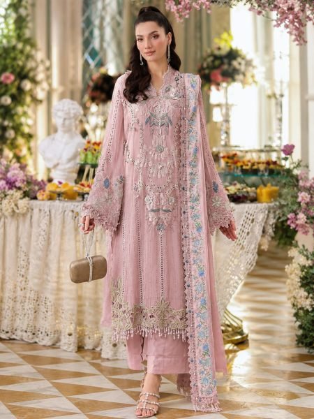 Exceptional Pink Chiffon Heavy Embroidered Suit with French Silk Bottom at Wholesale Rate 