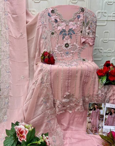 Exceptional Pink Chiffon Heavy Embroidered Suit with French Silk Bottom at Wholesale Rate Pakistani Suits Wholesale