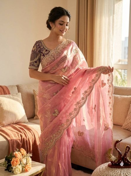 Exceptional Pink Designer Frendy Satin Saree with Heavy Embroidered Blouse For Wedding Designer Wedding Sarees Wholesale