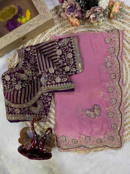 Exceptional Pink Designer Frendy Satin Saree with Heavy Embroidered Blouse For Wedding Designer Wedding Sarees Wholesale