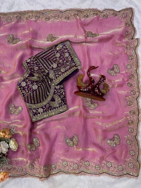 Exceptional Pink Designer Frendy Satin Saree with Heavy Embroidered Blouse For Wedding Designer Wedding Sarees Wholesale