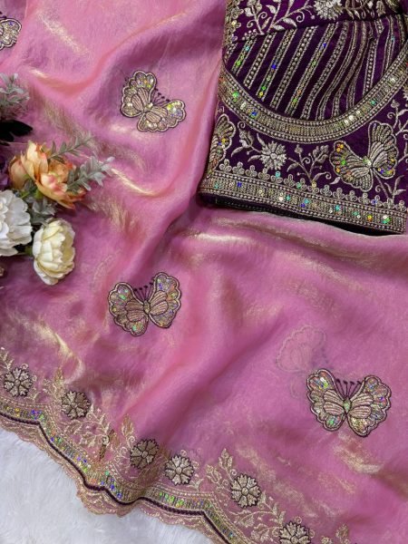 Exceptional Pink Designer Frendy Satin Saree with Heavy Embroidered Blouse For Wedding Designer Wedding Sarees Wholesale