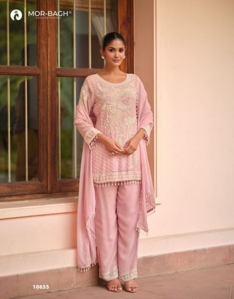 Exceptional Pink Designer Georgette Top Bottom Dupatta Set for Festive Wear Embroidery Suits Wholesale