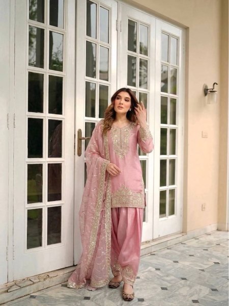 Exceptional Pink NC Moss Silk Three Piece Suit Set with Heavy Sequin Embroidery  