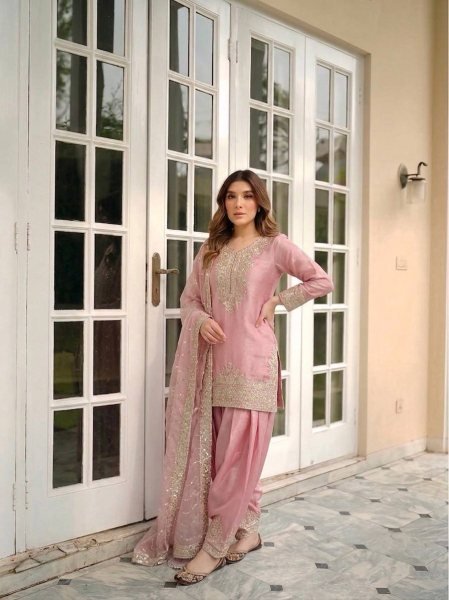 Exceptional Pink NC Moss Silk Three Piece Suit Set with Heavy Sequin Embroidery  Ready To Wear Collection
