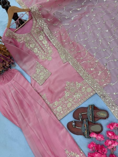 Exceptional Pink NC Moss Silk Three Piece Suit Set with Heavy Sequin Embroidery  Ready To Wear Collection