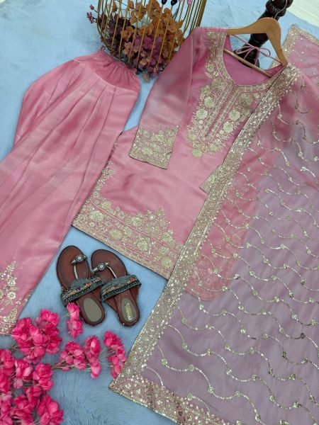 Exceptional Pink NC Moss Silk Three Piece Suit Set with Heavy Sequin Embroidery  Ready To Wear Collection