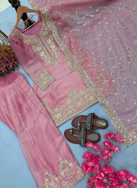 Exceptional Pink NC Moss Silk Three Piece Suit Set with Heavy Sequin Embroidery  Ready To Wear Collection