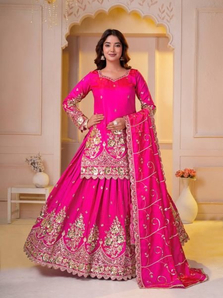 Exceptional Pink Shimmer Silk Top Lehenga Dupatta Set for Women 
