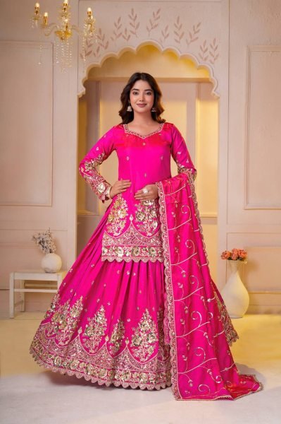 Exceptional Pink Shimmer Silk Top Lehenga Dupatta Set for Women Ready To Wear Collection