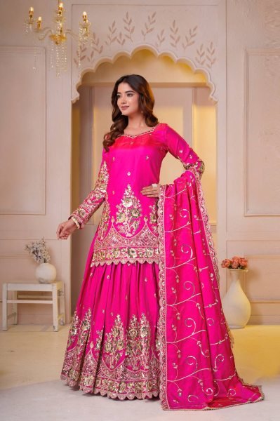 Exceptional Pink Shimmer Silk Top Lehenga Dupatta Set for Women Ready To Wear Collection