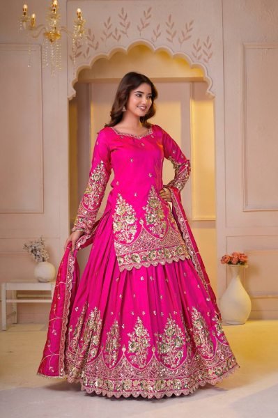 Exceptional Pink Shimmer Silk Top Lehenga Dupatta Set for Women Ready To Wear Collection