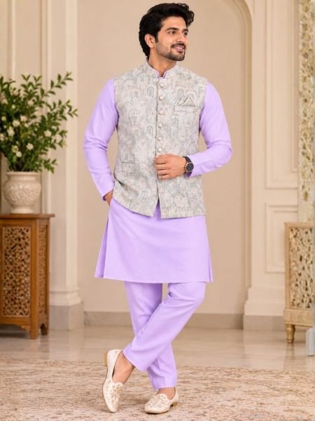 Exceptional Purple Men’s Malai Satin Kurta Koti Set with Matching Pyjama at Manufacturer 