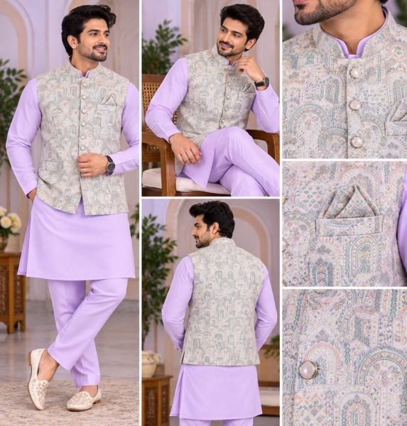 Exceptional Purple Men’s Malai Satin Kurta Koti Set with Matching Pyjama at Manufacturer  Kurta Pajama Wholesale