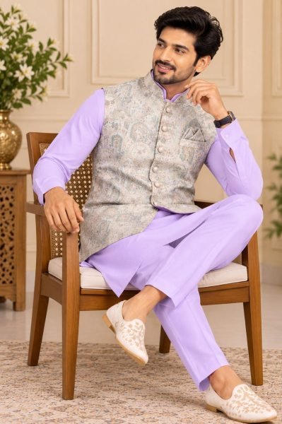 Exceptional Purple Men’s Malai Satin Kurta Koti Set with Matching Pyjama at Manufacturer  Kurta Pajama Wholesale