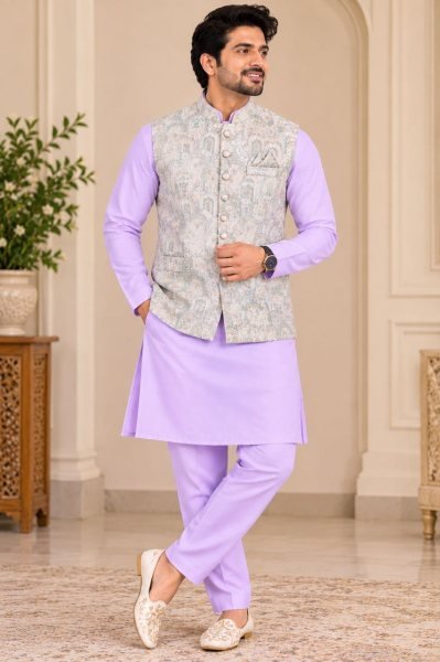 Exceptional Purple Men’s Malai Satin Kurta Koti Set with Matching Pyjama at Manufacturer  Kurta Pajama Wholesale