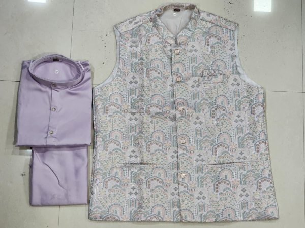 Exceptional Purple Men’s Malai Satin Kurta Koti Set with Matching Pyjama at Manufacturer  Kurta Pajama Wholesale