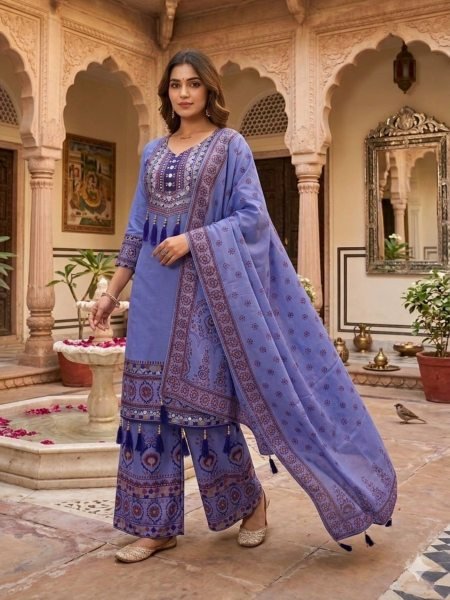 Exceptional Purple Muslin Women's Short Kurti Palazzo Set With Mirror Work At Factory Fresh Collection Ready To Wear Suit