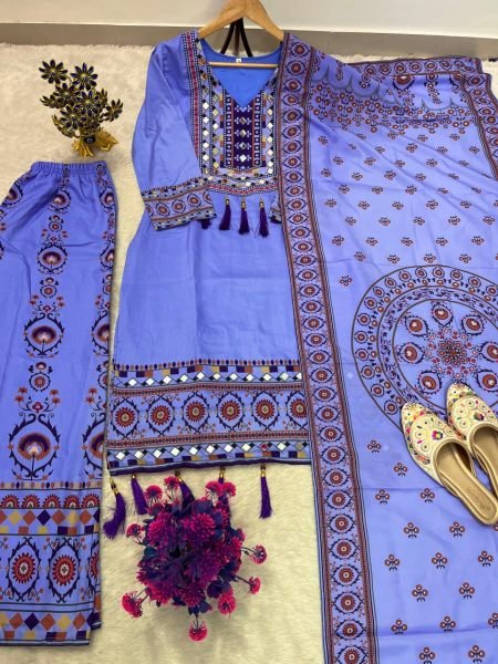 Exceptional Purple Muslin Women's Short Kurti Palazzo Set With Mirror Work At Factory Fresh Collection Ready To Wear Collection