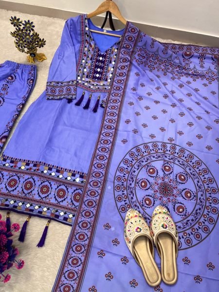 Exceptional Purple Muslin Women's Short Kurti Palazzo Set With Mirror Work At Factory Fresh Collection Ready To Wear Collection